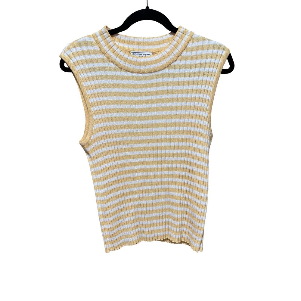 St. John Sport by Marie Gray Yellow White Striped Knit Tank Top  M/L Wool Blend